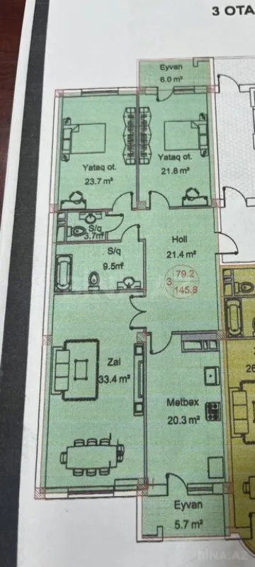 Satılır 3 otaqlı mənzil 145.8 m²