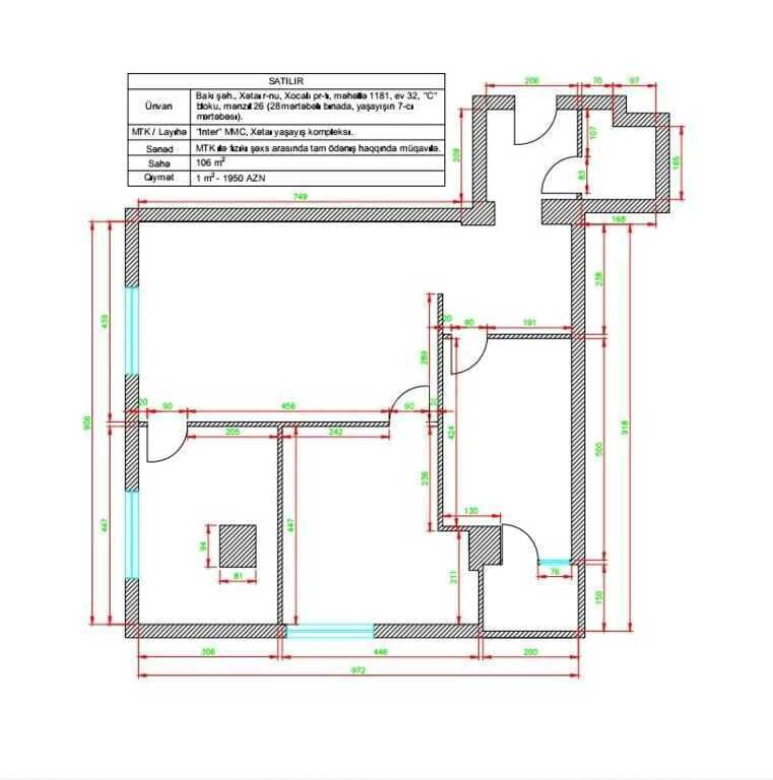 Satılır 2 otaqlı mənzil 106 m²