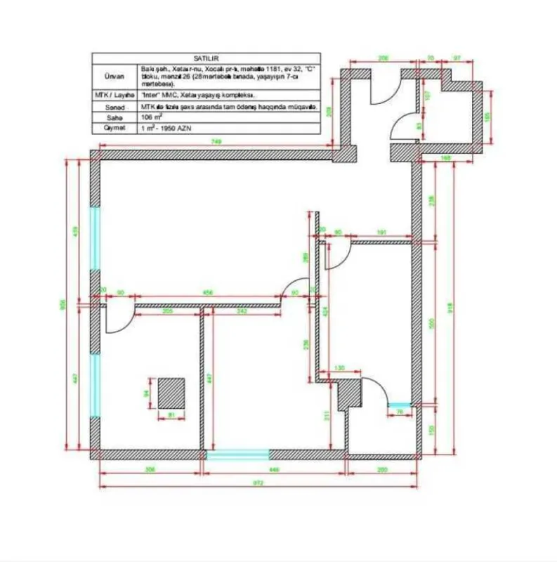Satılır 2 otaqlı mənzil 106 m²
