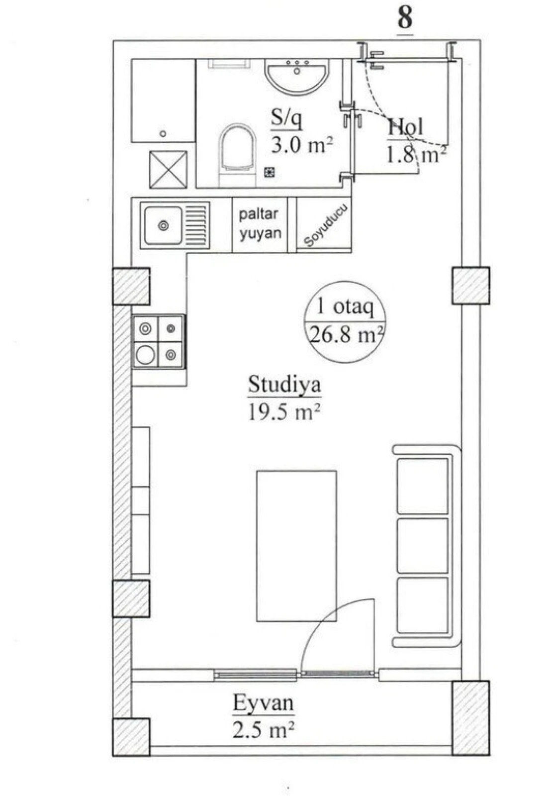 Satılır 1 otaqlı mənzil 27 m²