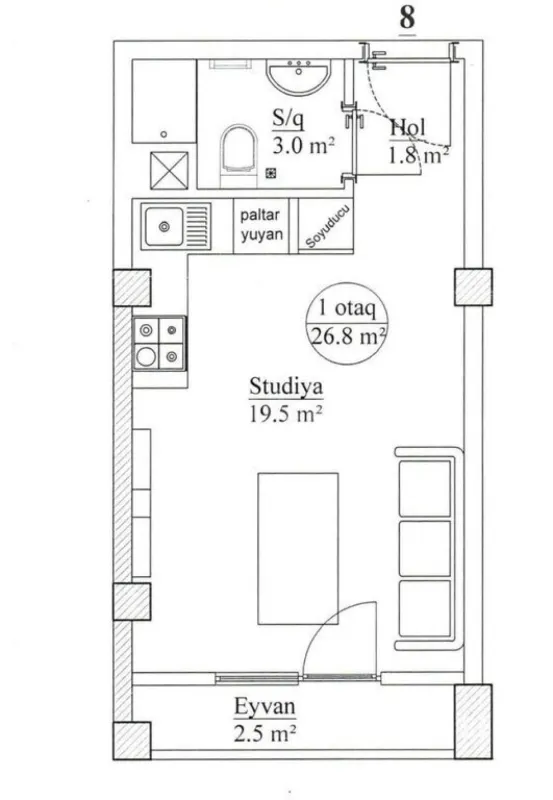 Satılır 1 otaqlı mənzil 27 m²