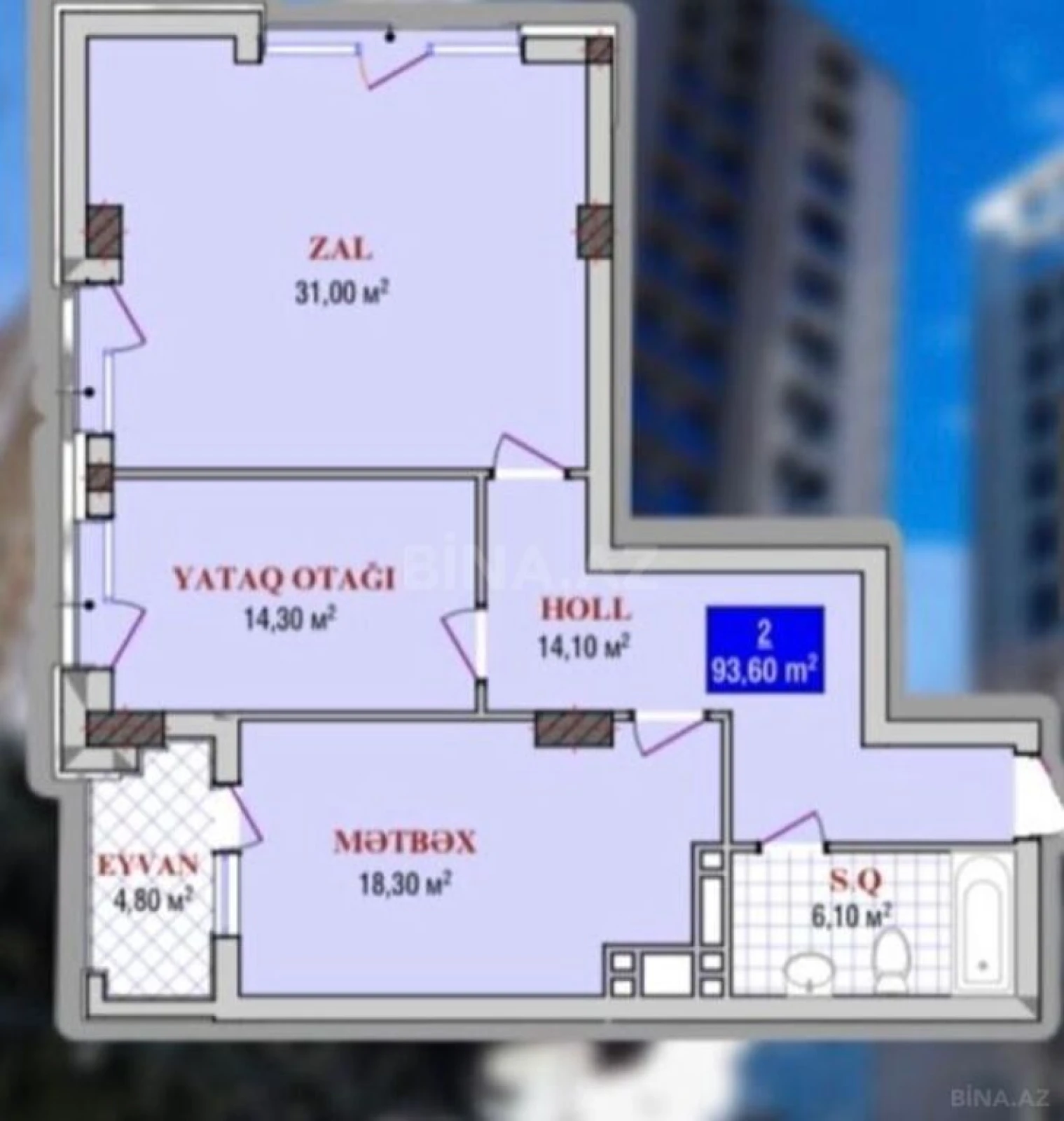 Satılır 2 otaqlı mənzil 93.6 m²