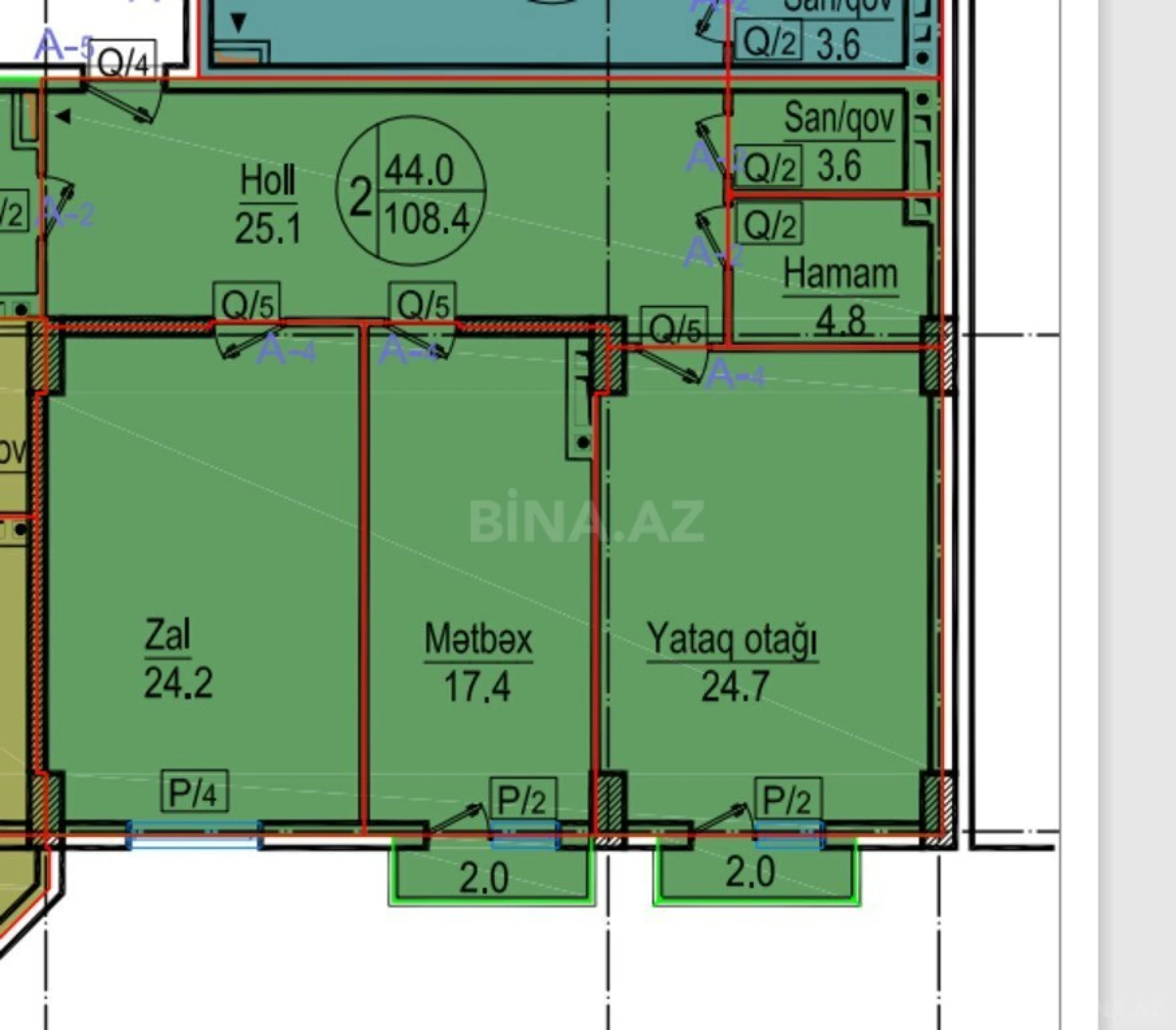 Satılır 2 otaqlı mənzil 108.4 m²