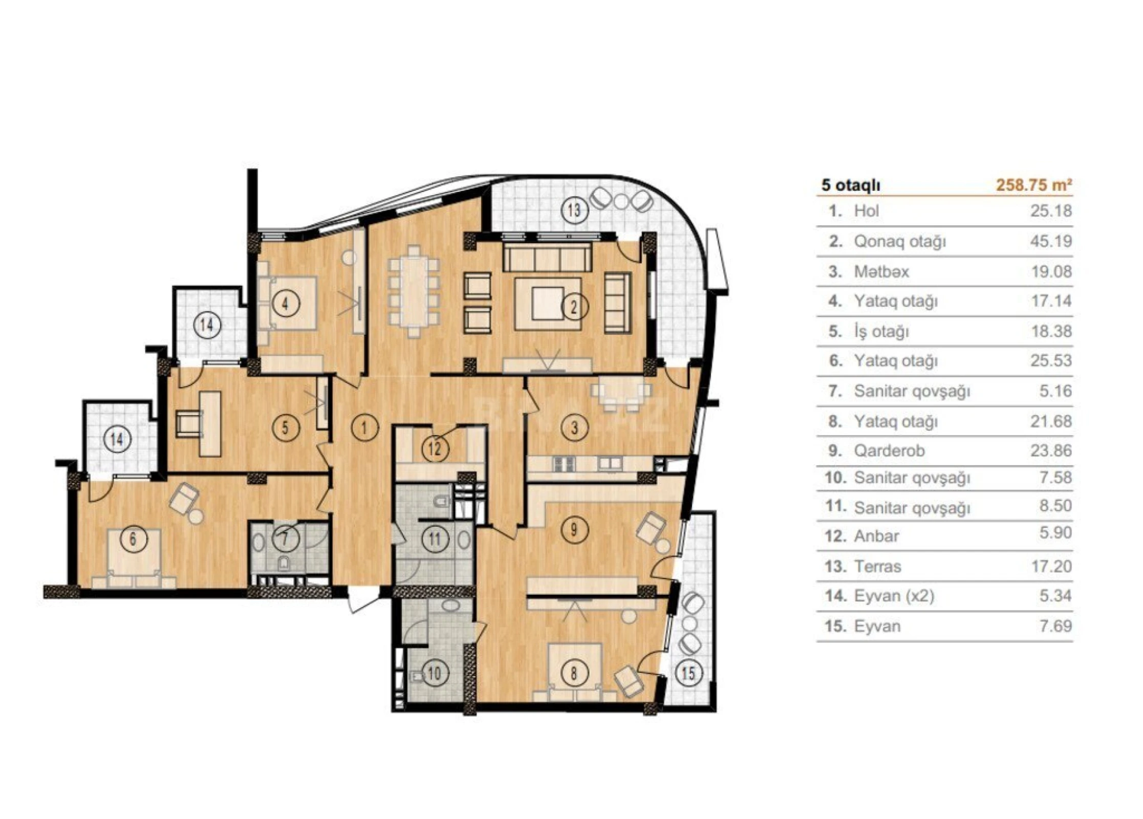 Satılır 5 otaqlı mənzil 259 m²