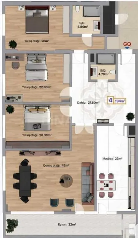 Satılır 4 otaqlı mənzil 194 m²