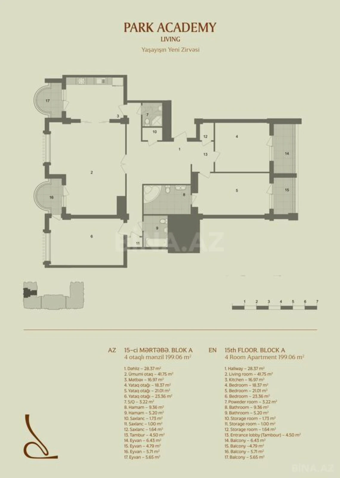 Satılır 4 otaqlı mənzil 199 m²