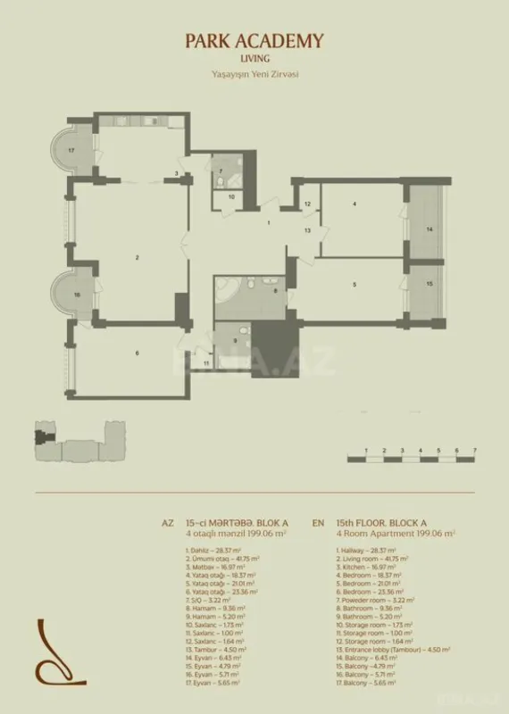 Satılır 4 otaqlı mənzil 199 m²