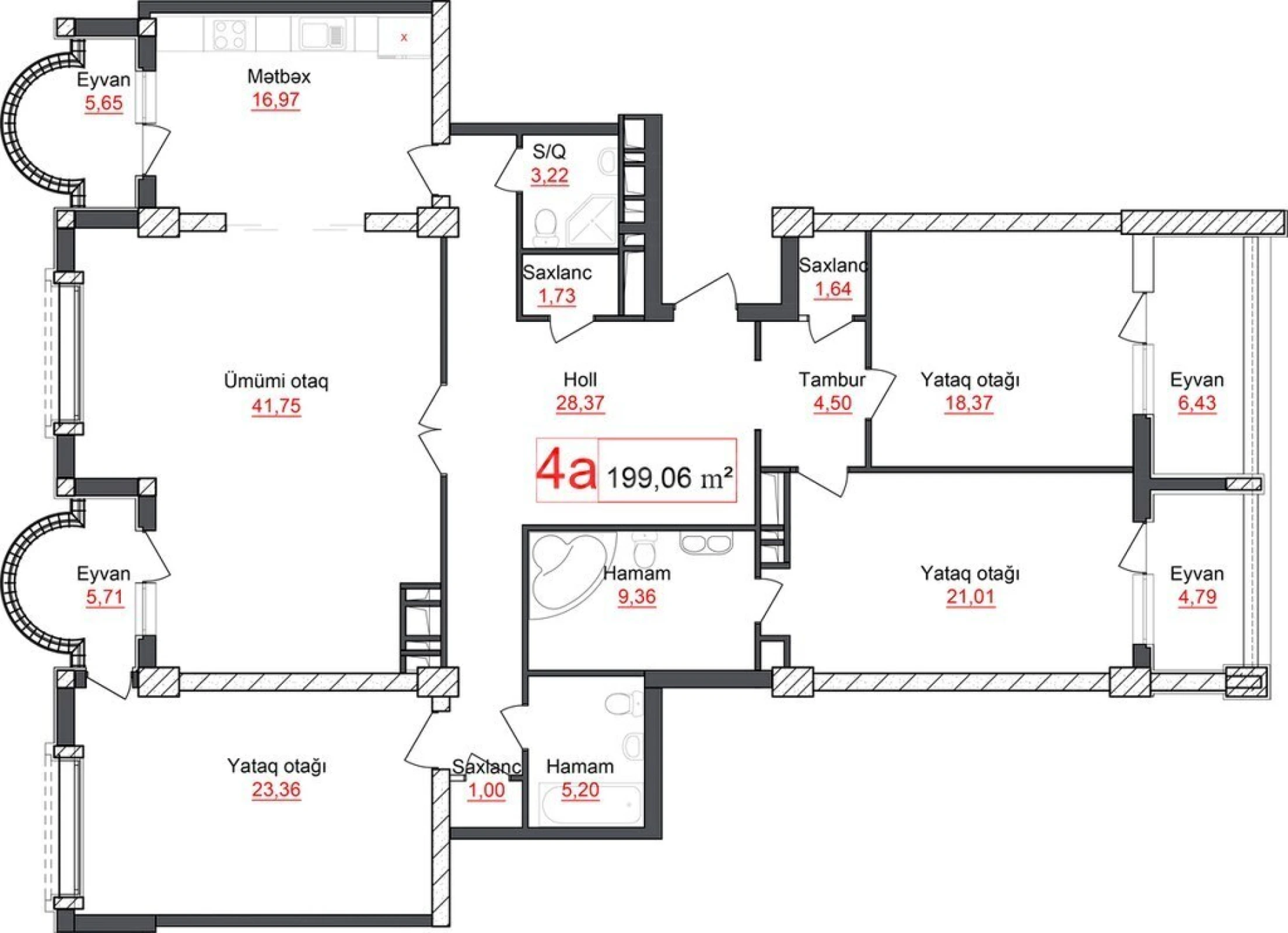 Satılır 4 otaqlı mənzil 199 m²