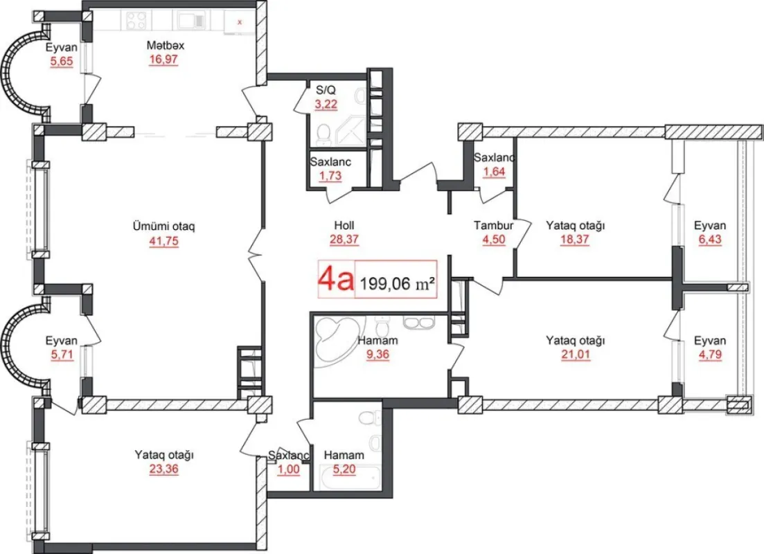 Satılır 4 otaqlı mənzil 199 m²