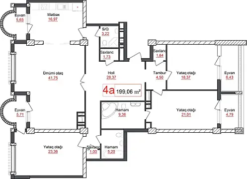 Satılır 4 otaqlı mənzil 199 m²