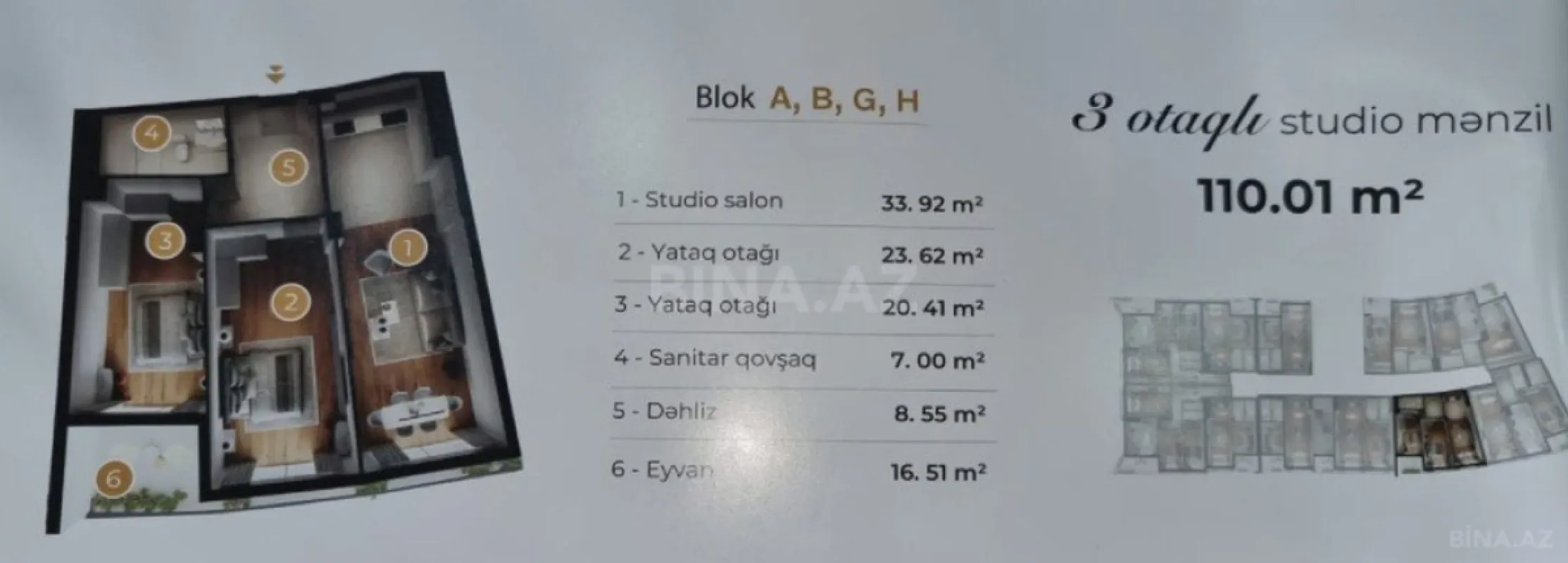 Satılır 3 otaqlı mənzil 110 m²