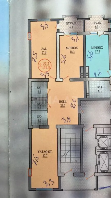 Satılır 2 otaqlı mənzil 117 m²