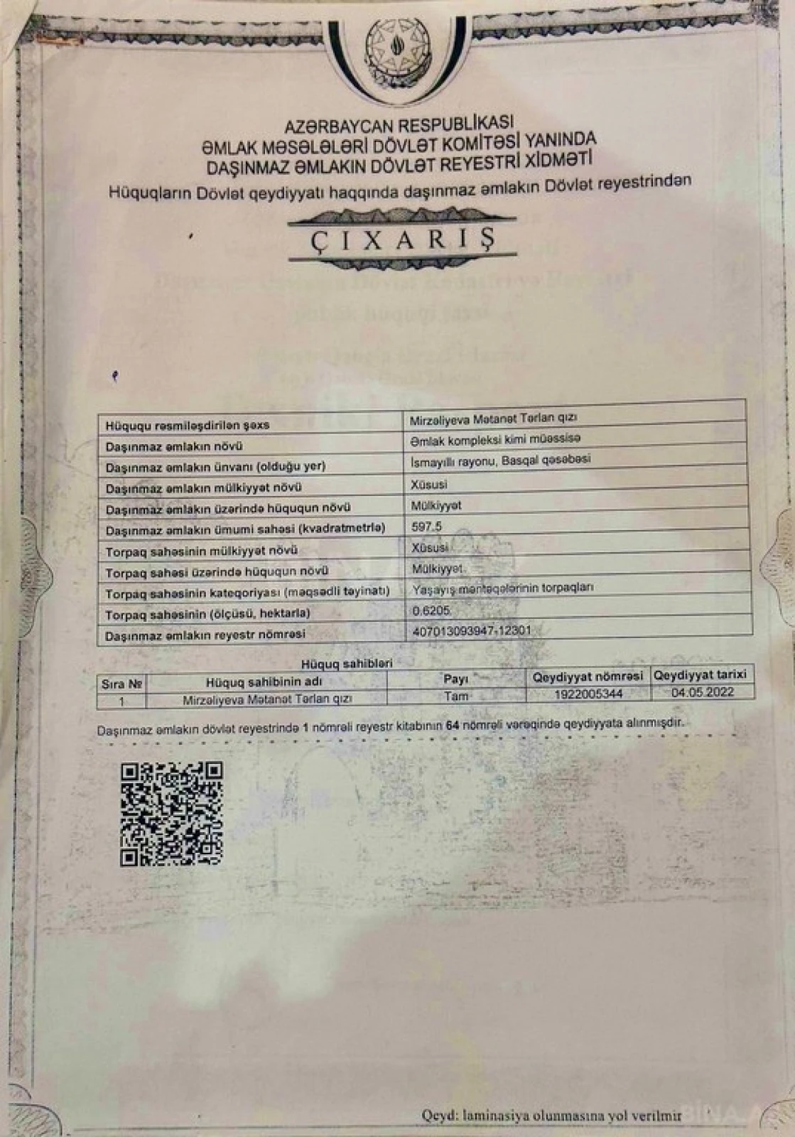 Satılır torpaq sahəsi 100 m²