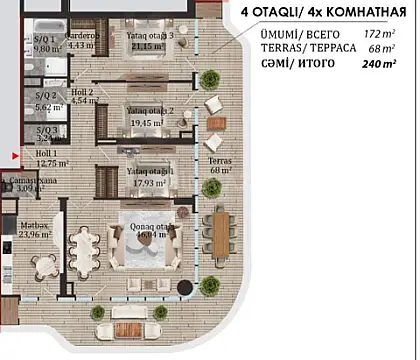 Satılır 4 otaqlı mənzil 240 m²