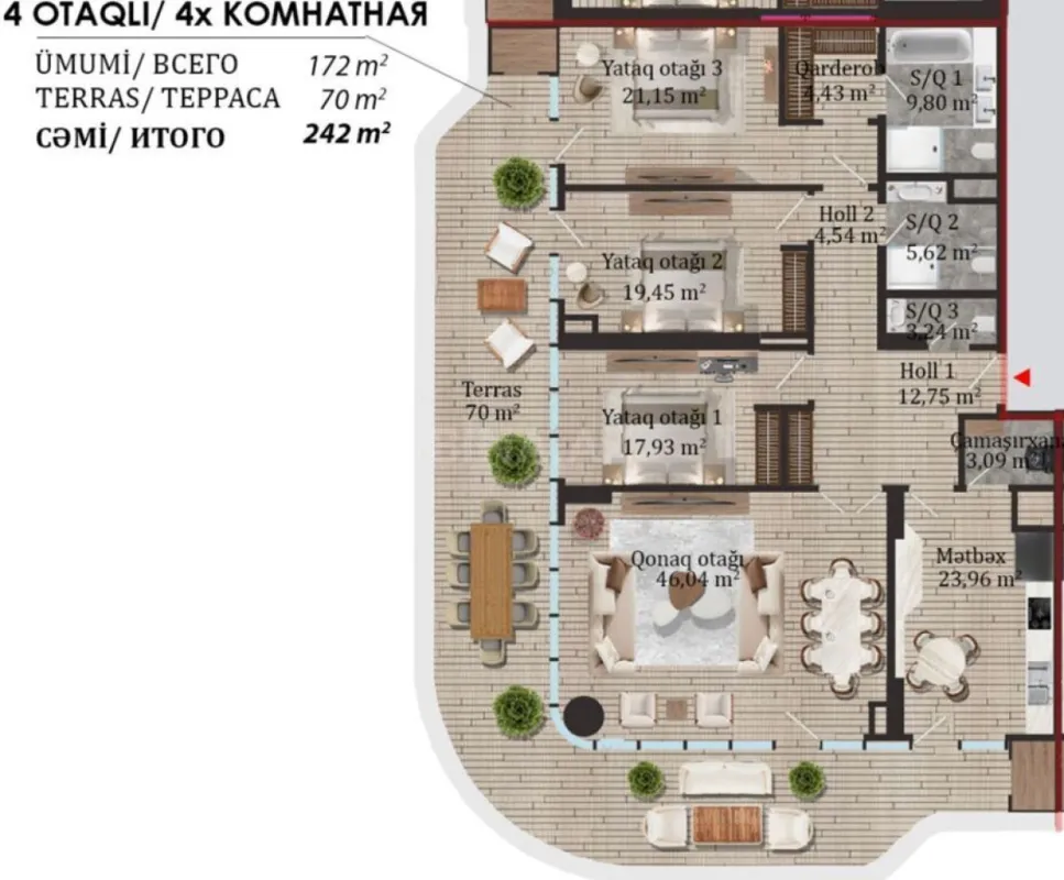 Satılır 4 otaqlı mənzil 242 m²