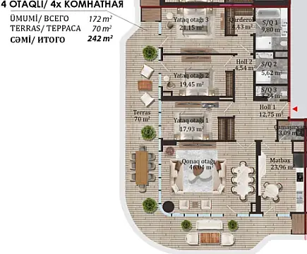Satılır 4 otaqlı mənzil 242 m²