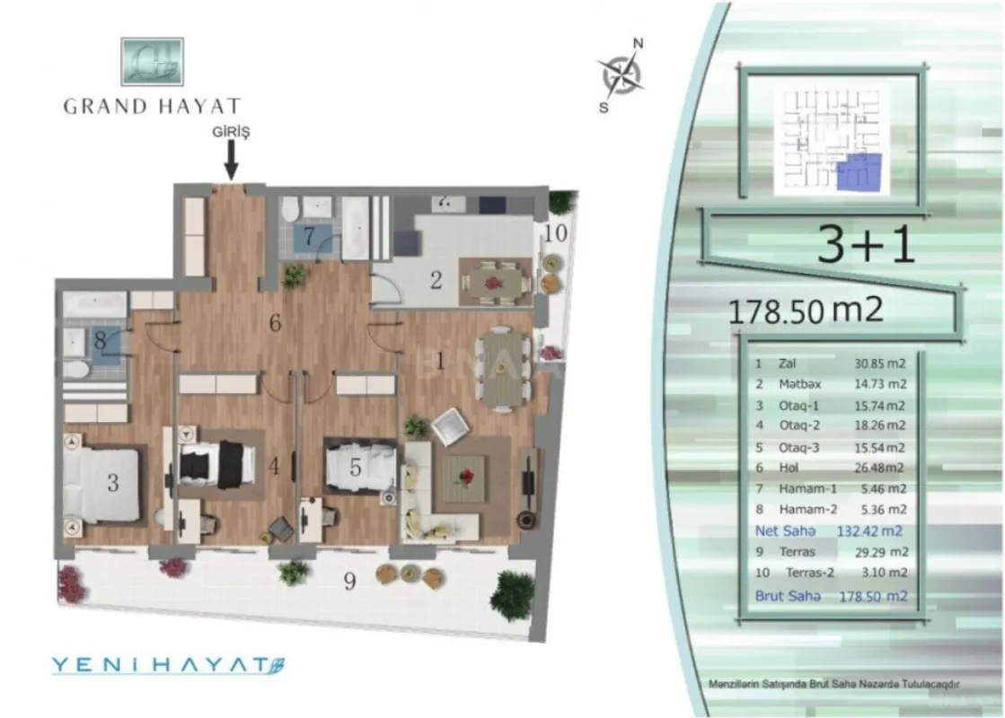 Satılır 4 otaqlı mənzil 180 m²