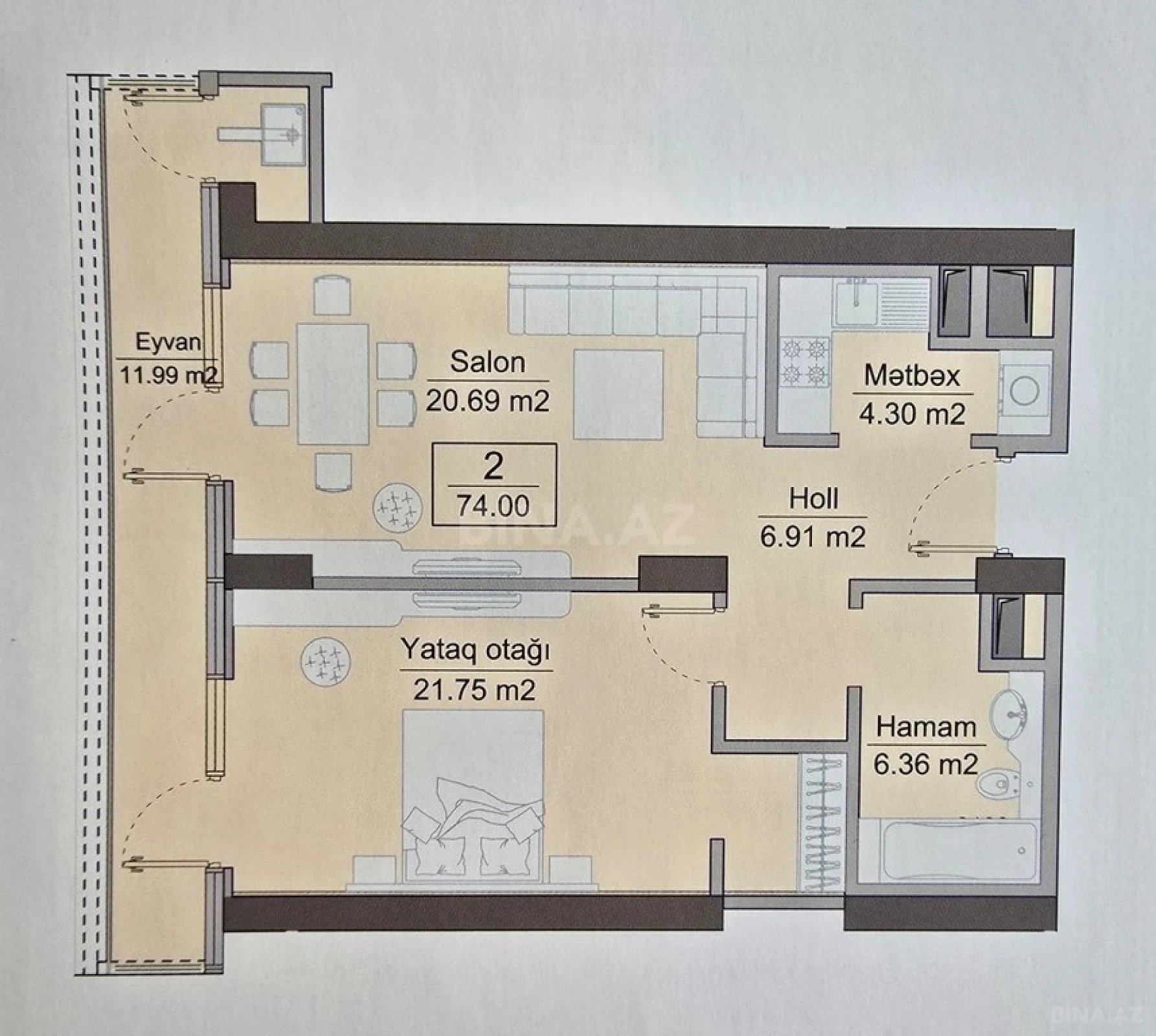 Satılır 2 otaqlı mənzil 74 m²
