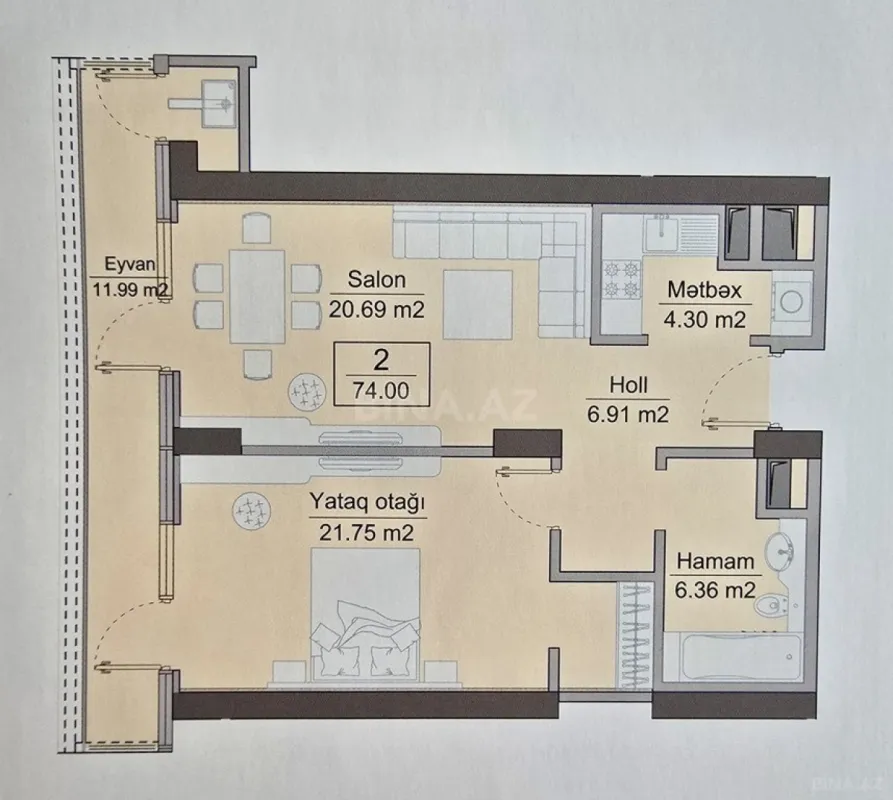 Satılır 2 otaqlı mənzil 74 m²