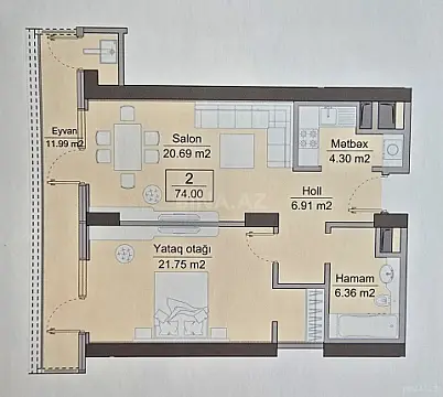 Satılır 2 otaqlı mənzil 74 m²