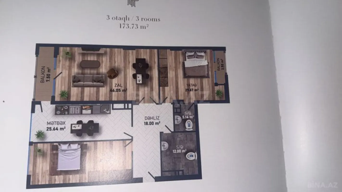 Satılır 3 otaqlı mənzil 174 m²