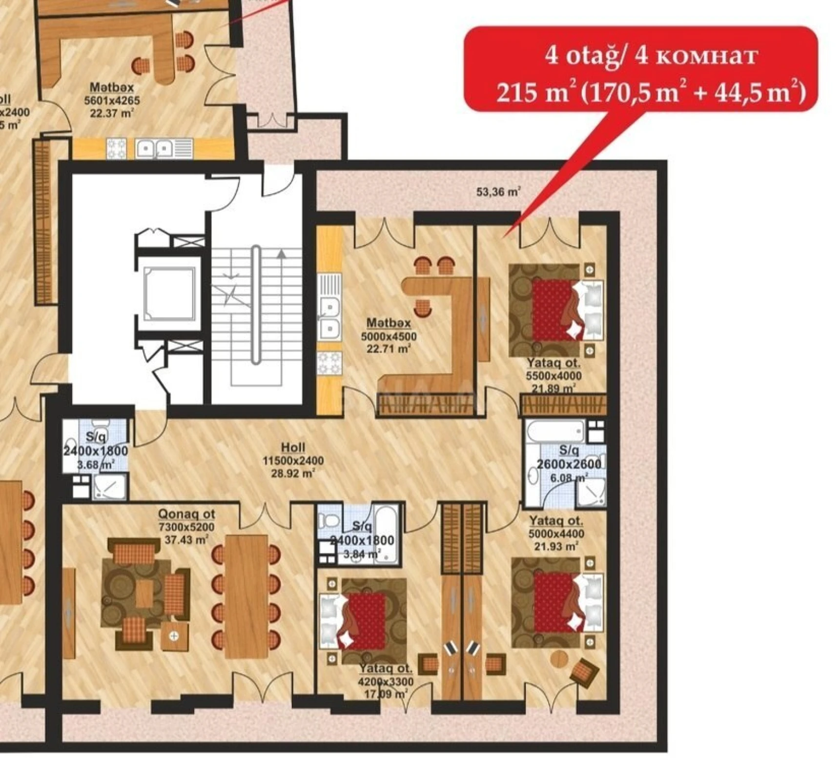 Satılır 4 otaqlı mənzil 215 m²