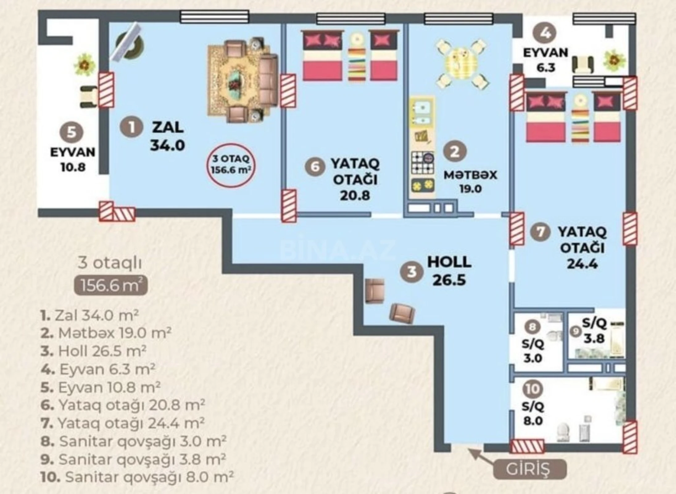 Satılır 3 otaqlı mənzil 156.6 m²
