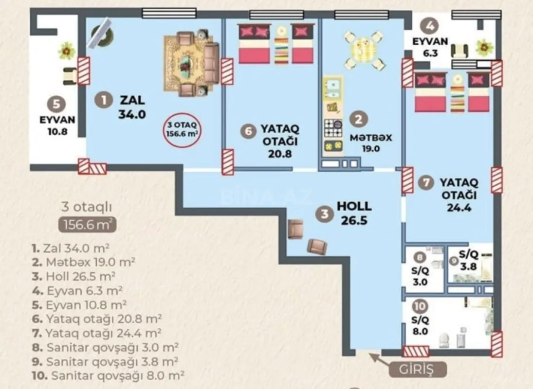Satılır 3 otaqlı mənzil 156.6 m²