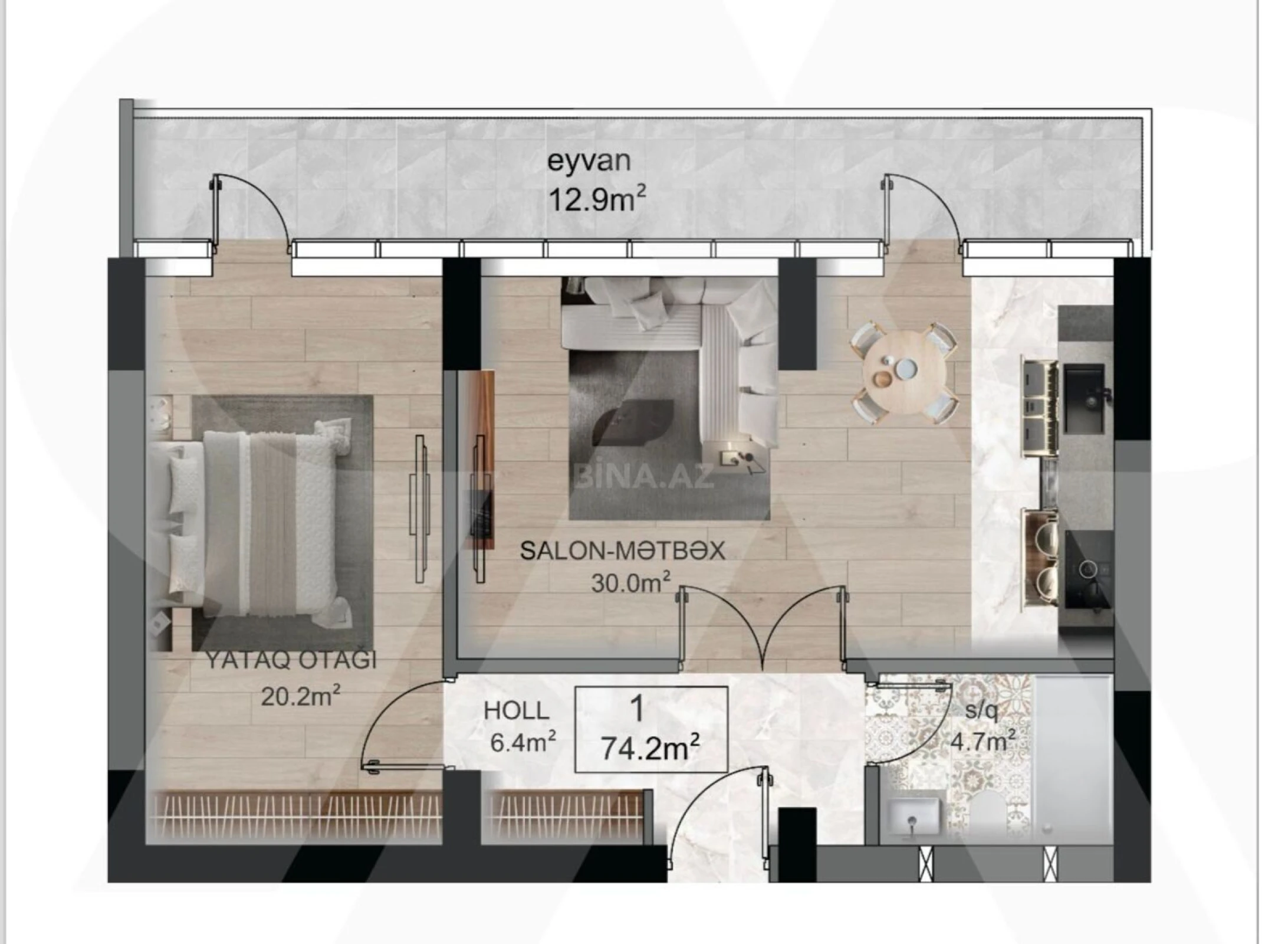 Satılır 1 otaqlı mənzil 74.2 m²