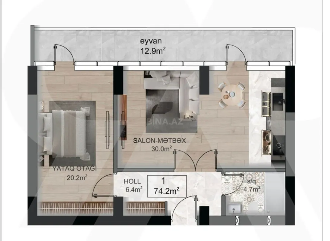 Satılır 1 otaqlı mənzil 74.2 m²