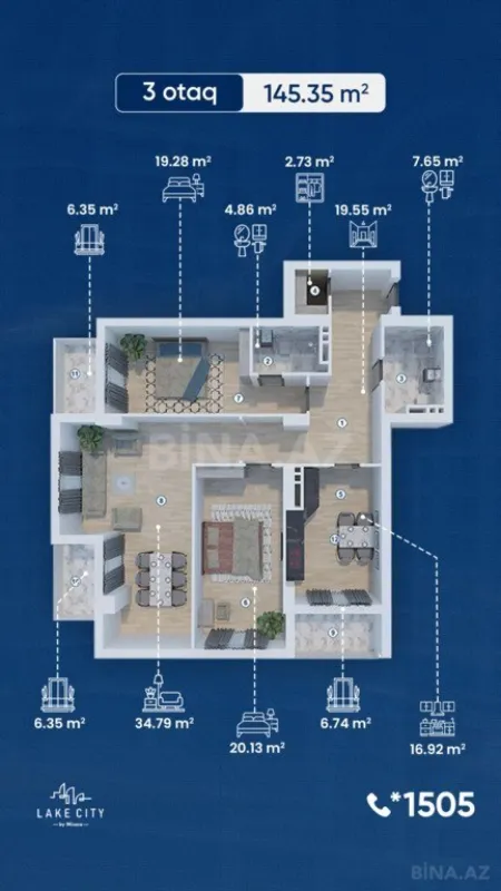 Satılır 3 otaqlı mənzil 145.3 m²