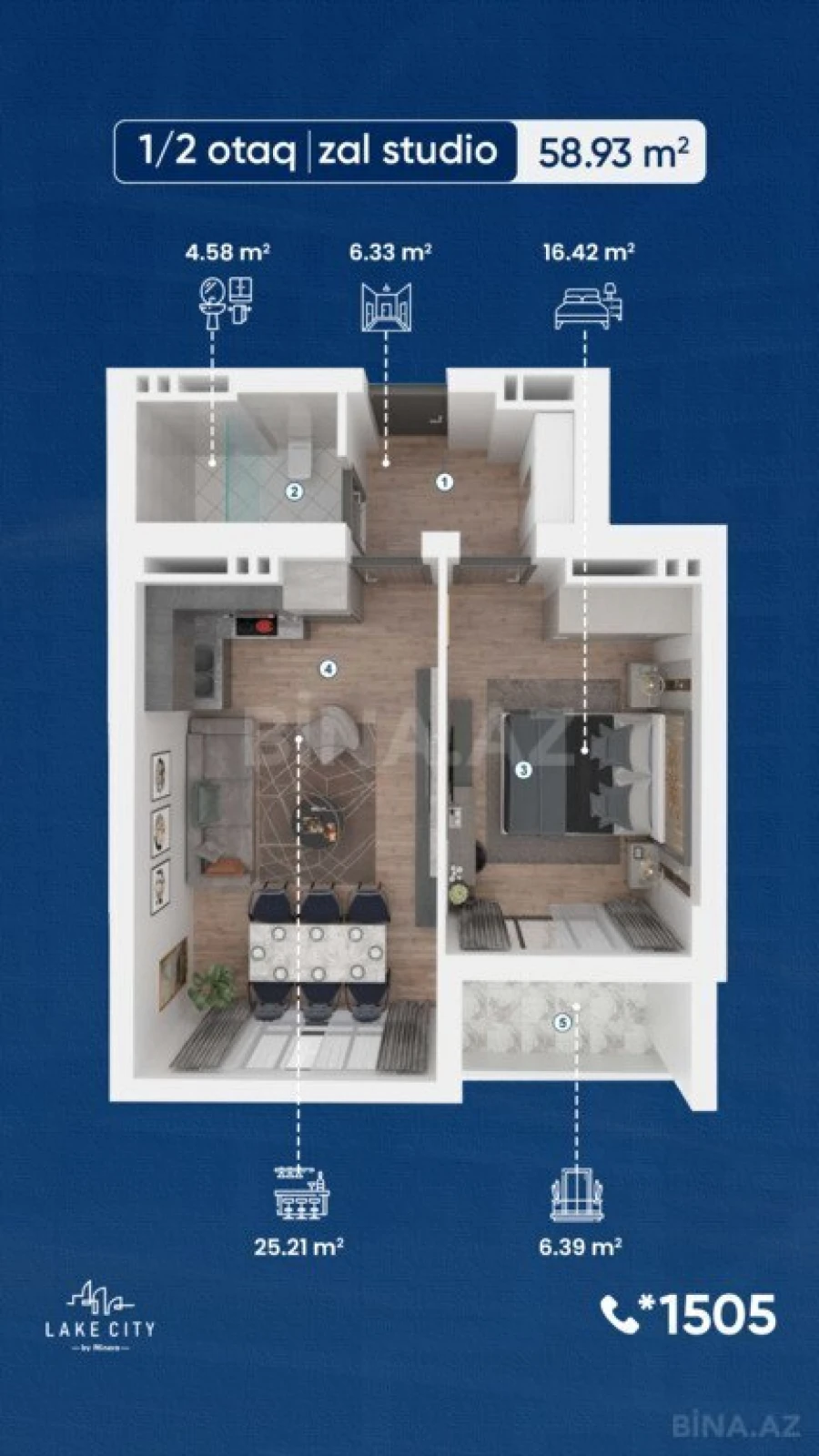 Satılır 1 otaqlı mənzil 58.9 m²