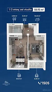 Satılır 1 otaqlı mənzil 58.9 m²