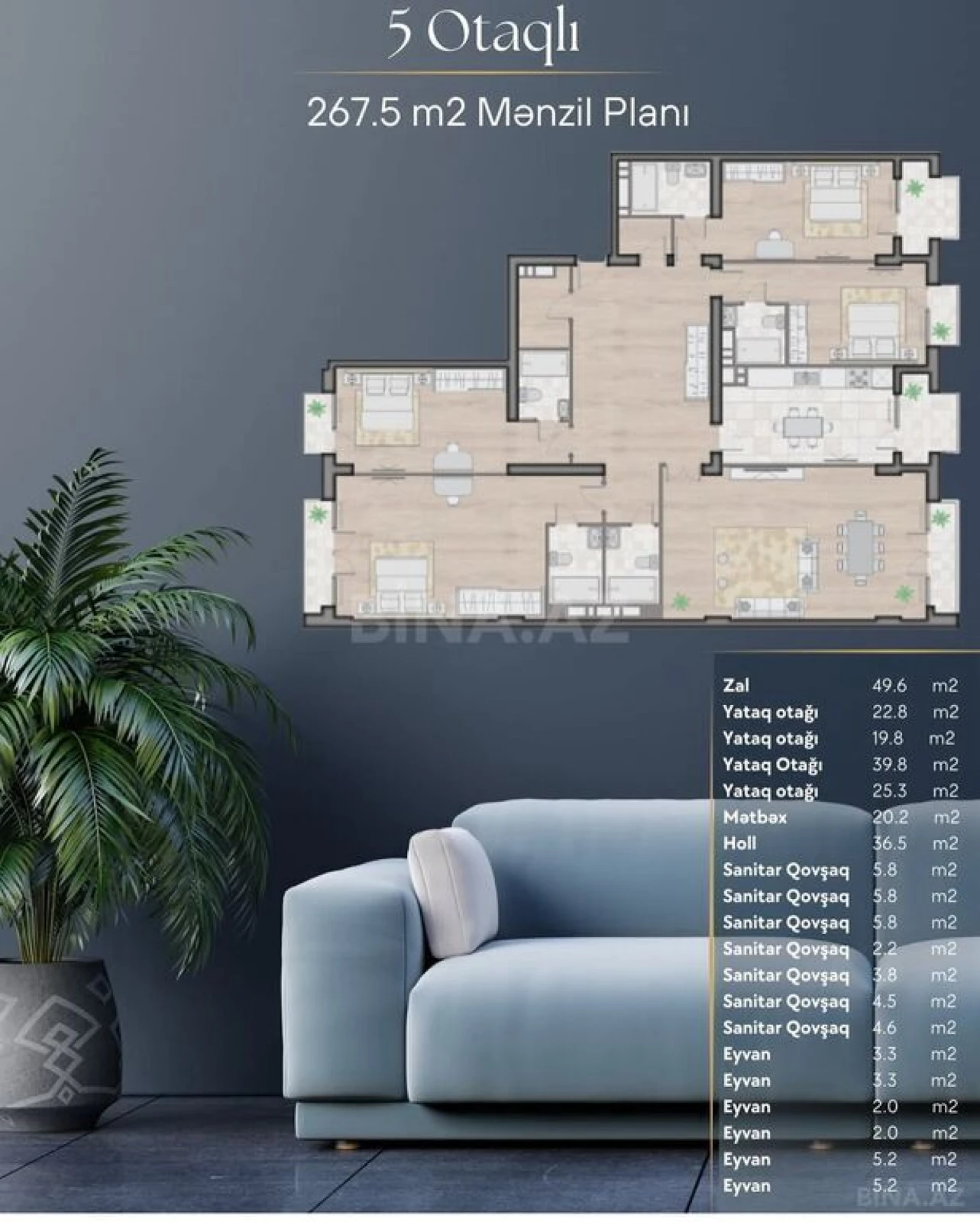 Satılır 5 otaqlı mənzil 267.5 m²