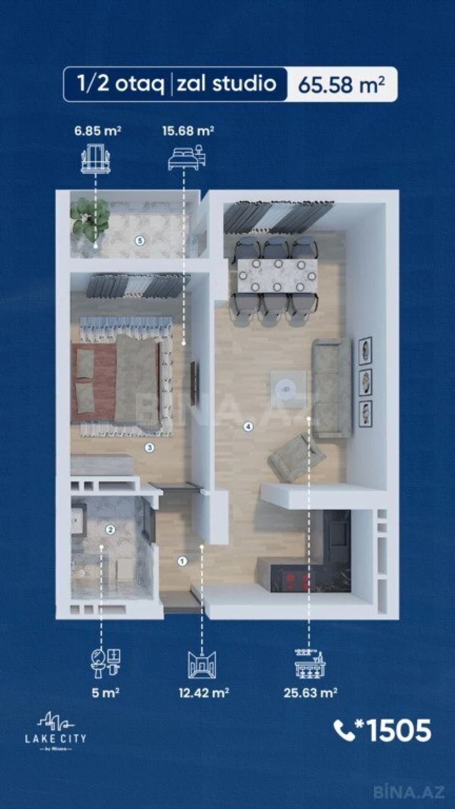 Satılır 1 otaqlı mənzil 65.6 m²