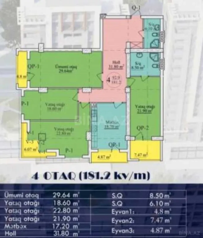 Satılır 4 otaqlı mənzil 181 m²