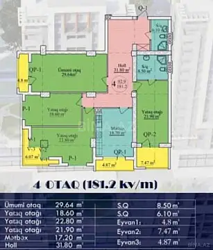 Satılır 4 otaqlı mənzil 181 m²