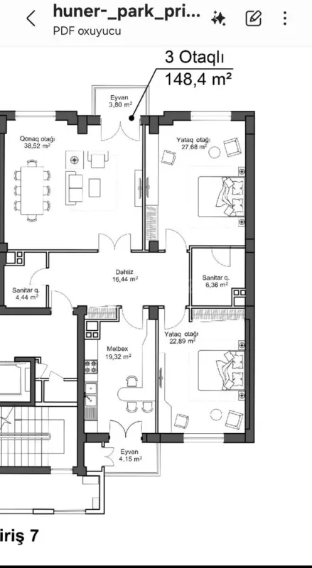 Satılır 3 otaqlı mənzil 148.4 m²