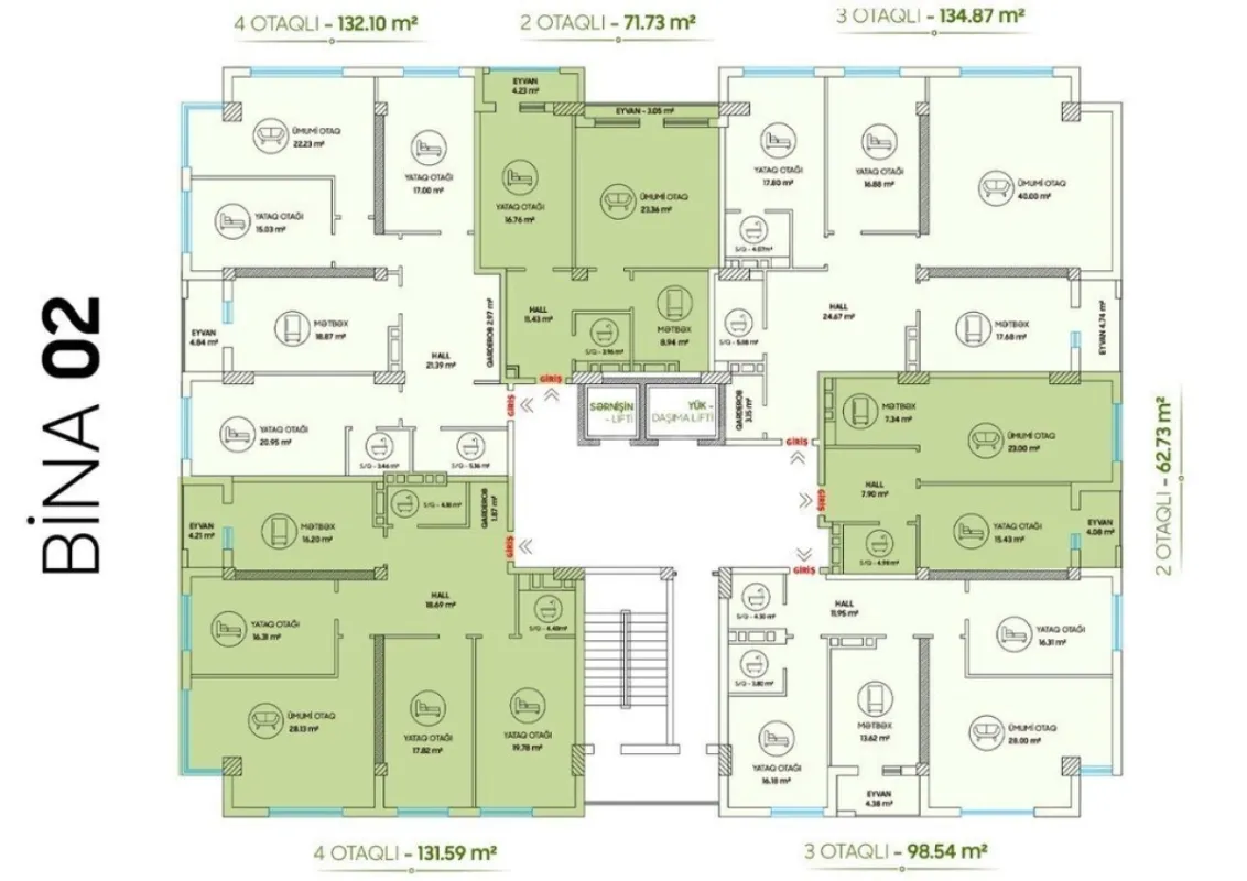 Satılır 2 otaqlı mənzil 72 m²