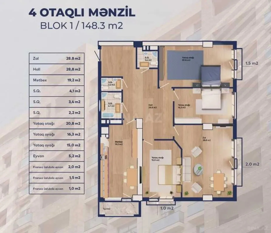 Satılır 4 otaqlı mənzil 148.3 m²