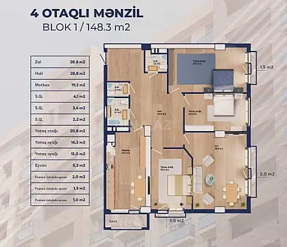 Satılır 4 otaqlı mənzil 148.3 m²