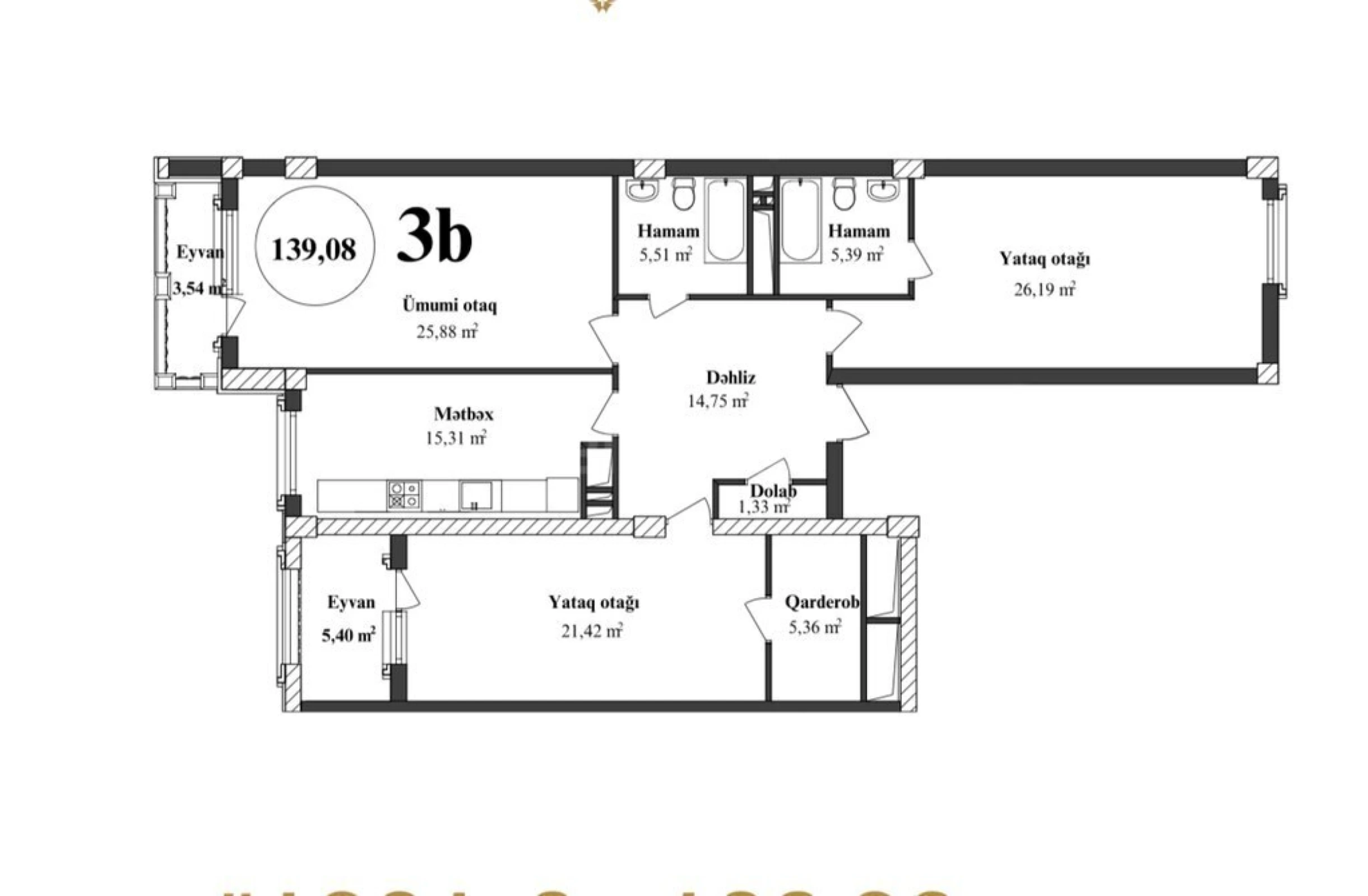 Satılır 3 otaqlı mənzil 140.6 m²