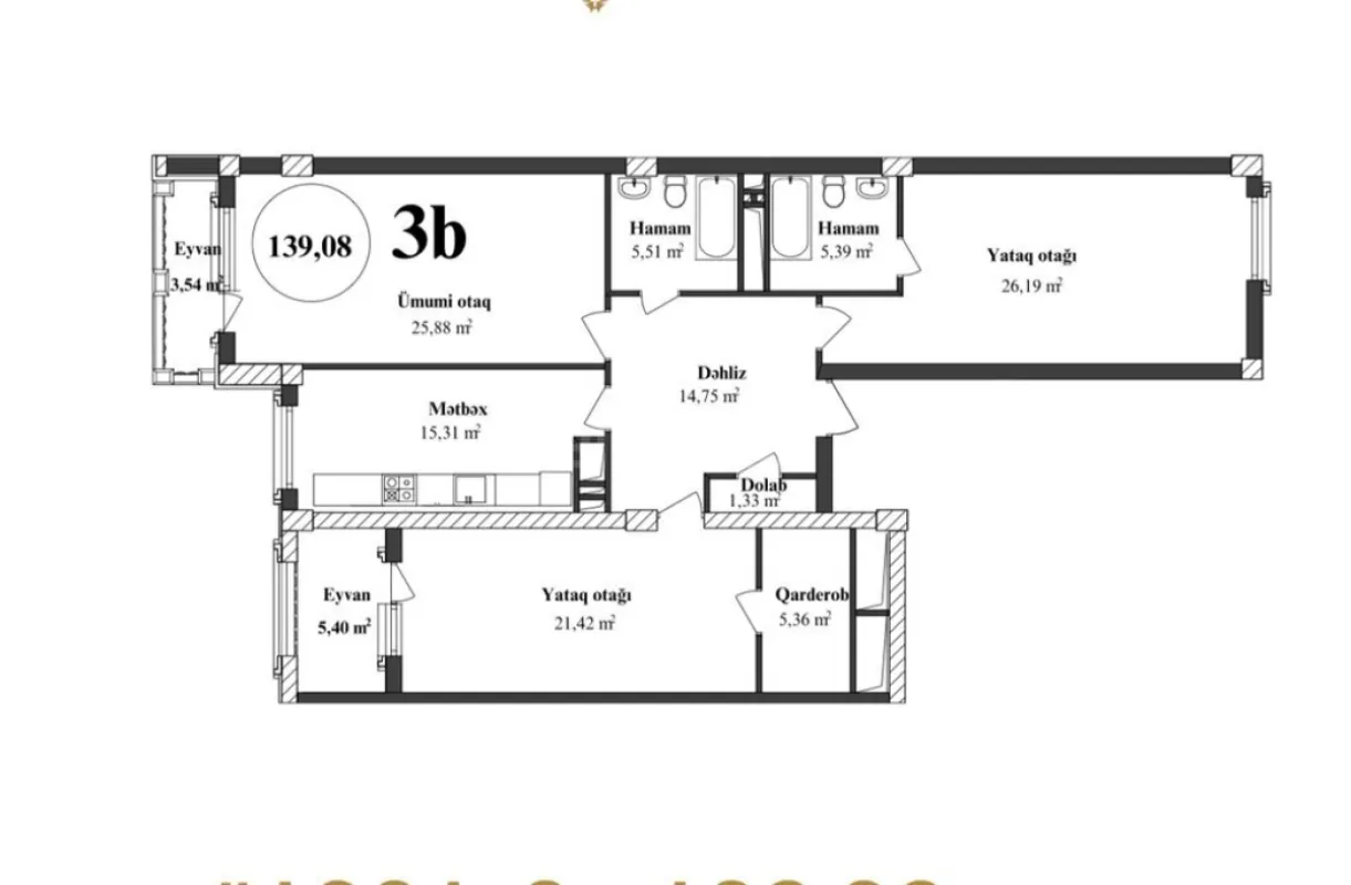 Satılır 3 otaqlı mənzil 140.6 m²