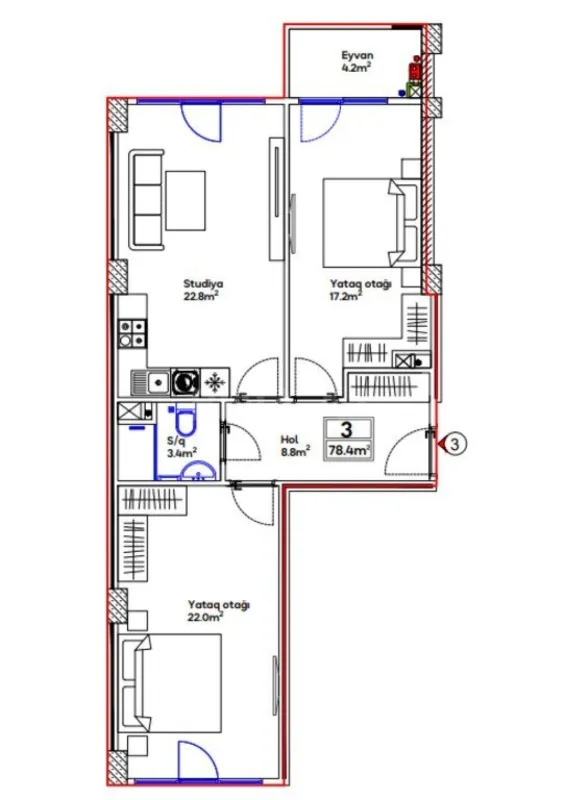 Satılır 3 otaqlı mənzil 78.4 m²