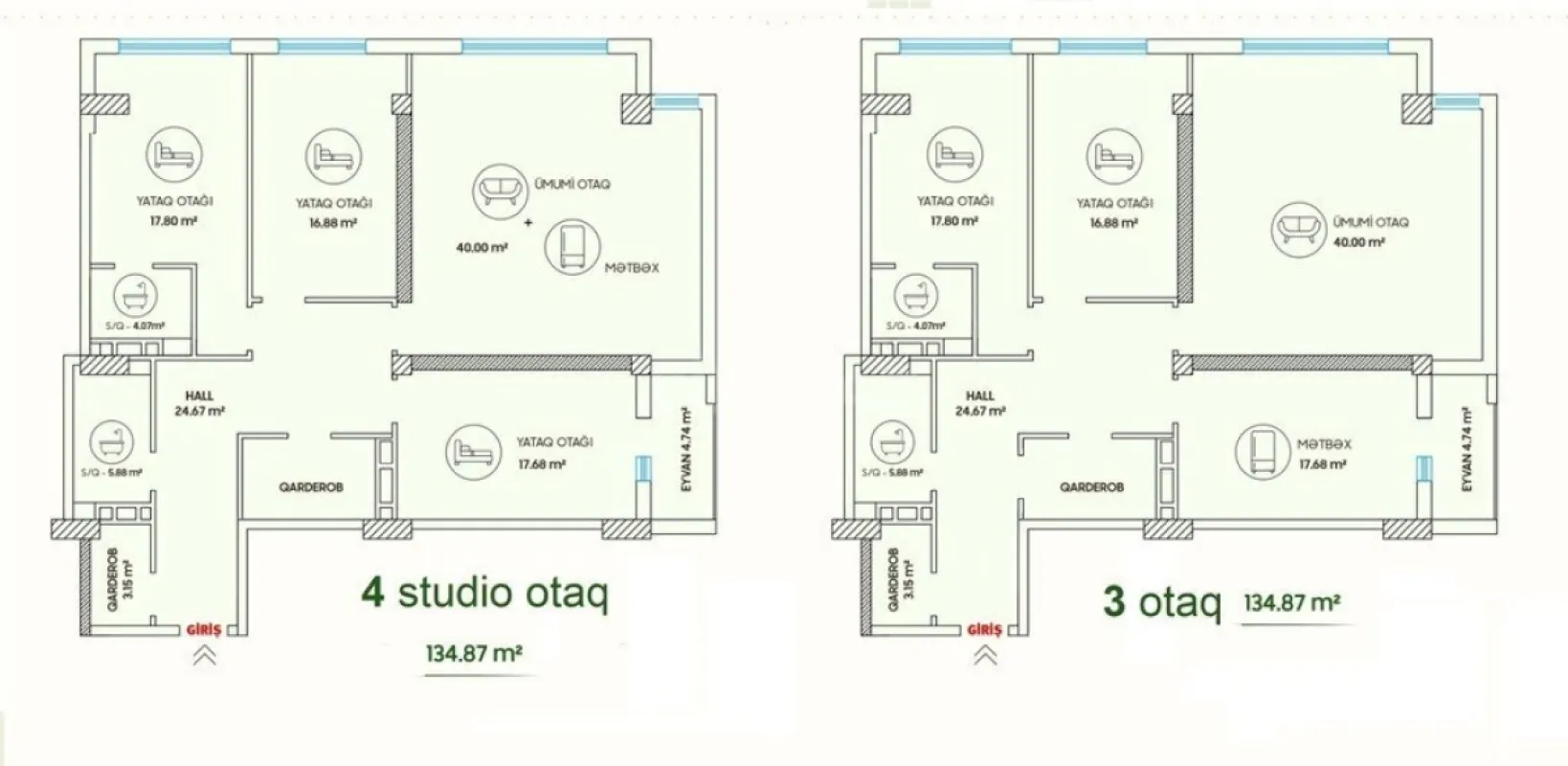 Satılır 3 otaqlı mənzil 135 m²