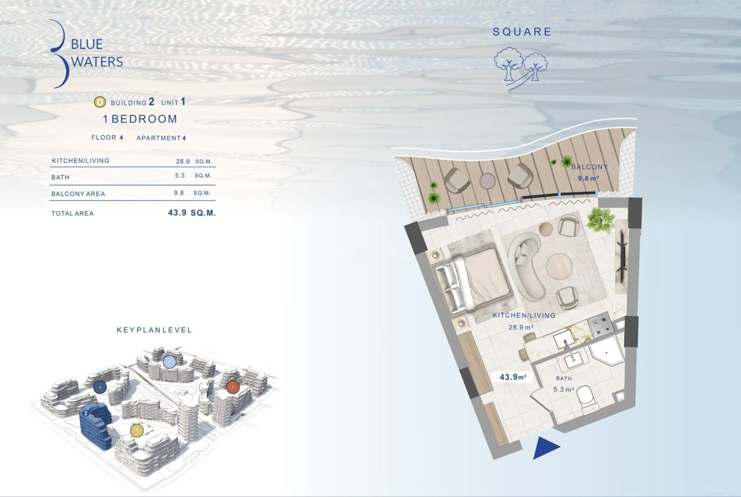 Satılır 1 otaqlı mənzil 43.9 m²