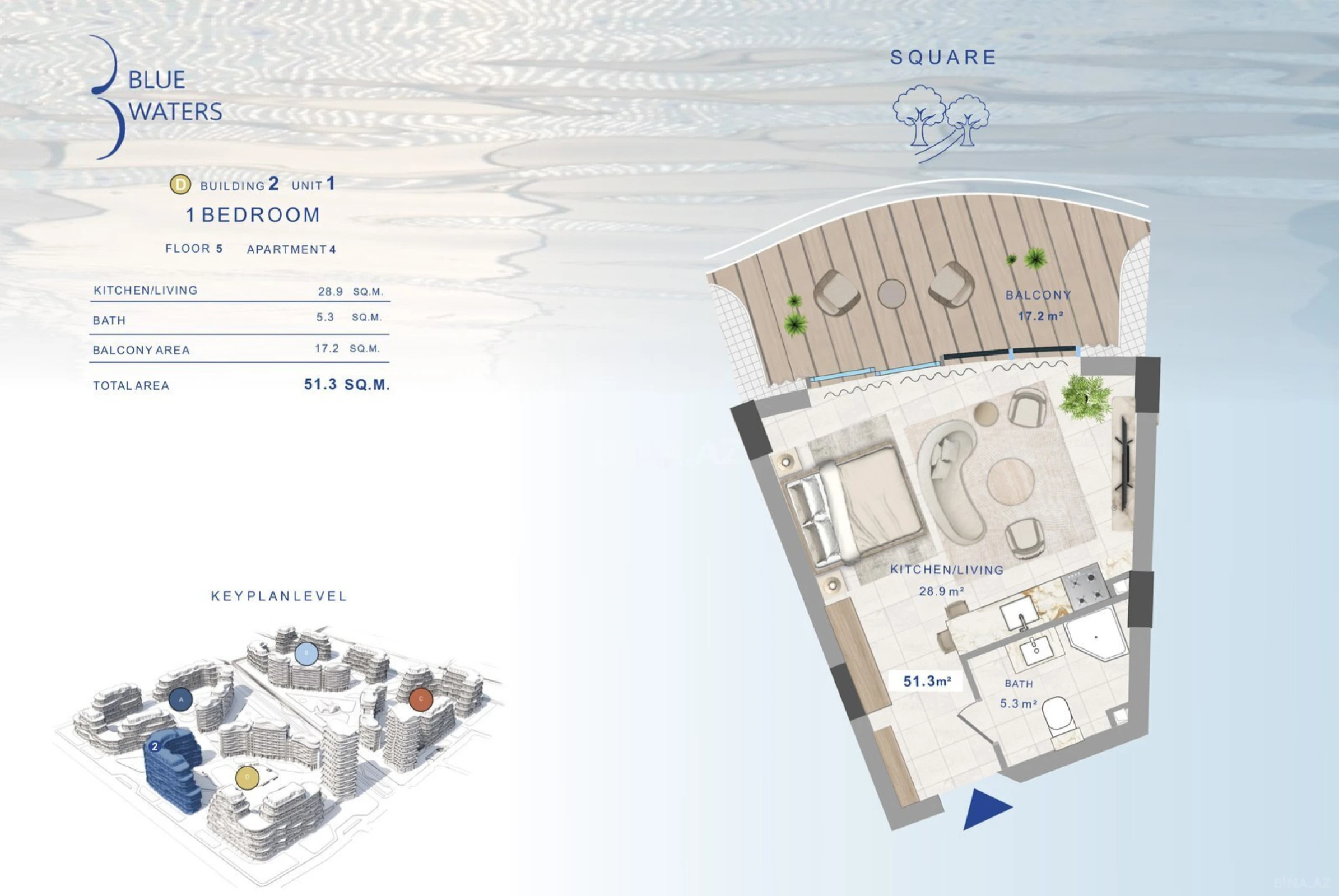 Satılır 1 otaqlı mənzil 51.3 m²
