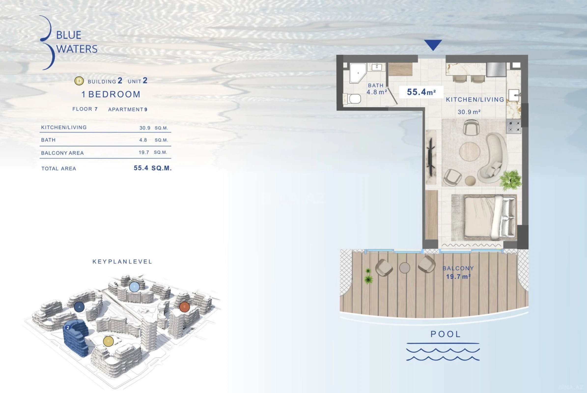 Satılır 1 otaqlı mənzil 55.4 m²