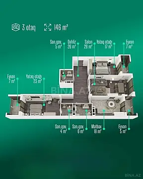 Satılır 3 otaqlı mənzil 146 m²