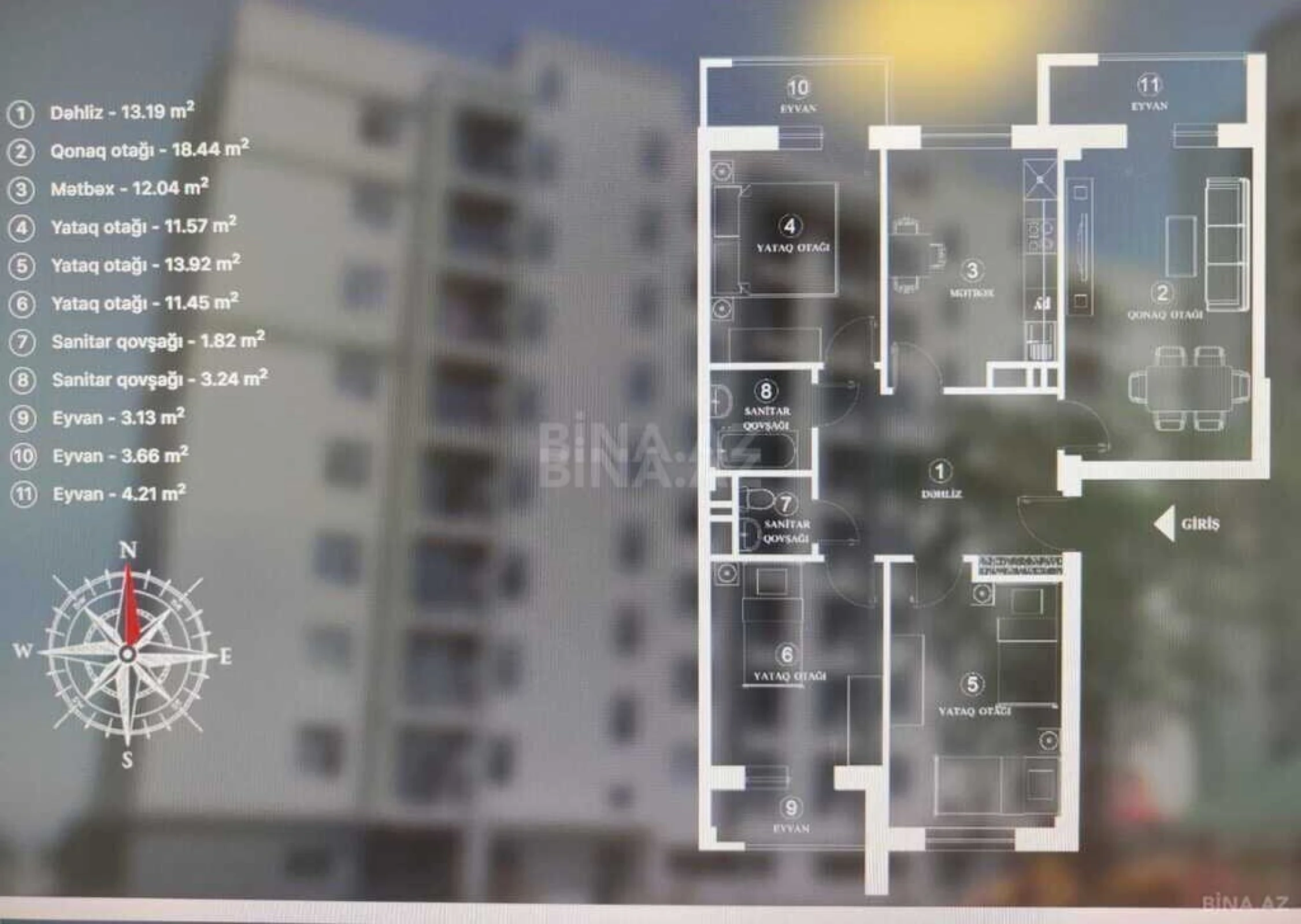 Satılır 4 otaqlı mənzil 110.8 m²